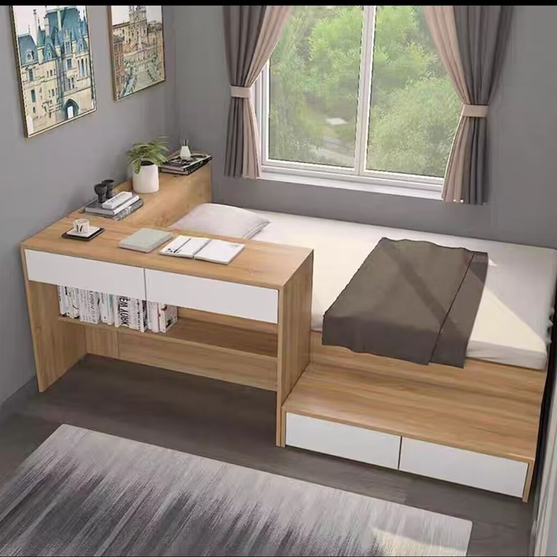现代简约单人床小户型o榻榻米床书桌一体儿童床柜组合多功能储物 - 图0