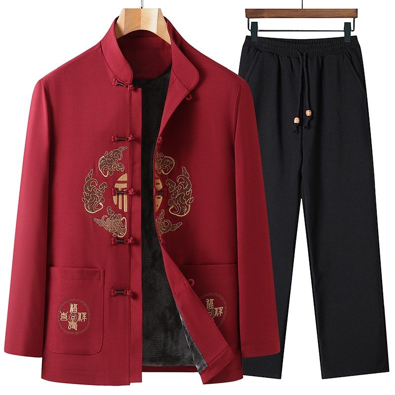 冬季新款唐装男中老年提花加绒加厚棉衣外套中式中国风男上衣套装,淘宝优惠券,粉丝福利购,淘宝优惠卷