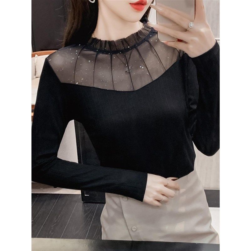 时尚网纱拼接内搭修身上衣小衫半高领蕾丝打底衫女春秋新款长袖,淘宝优惠券,粉丝福利购,淘宝优惠卷