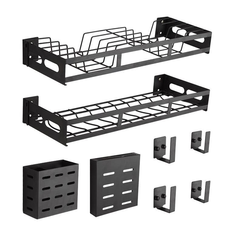 厨房置物架免打孔壁挂式收纳架刀架碟架碗K架调料架锅盖架挂架黑 - 图2