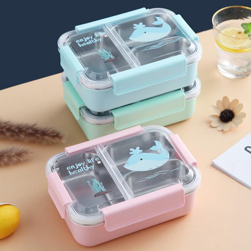 新品Cartoon 3 Partition Stainless Steel Kids Lunch Box Leak--图1