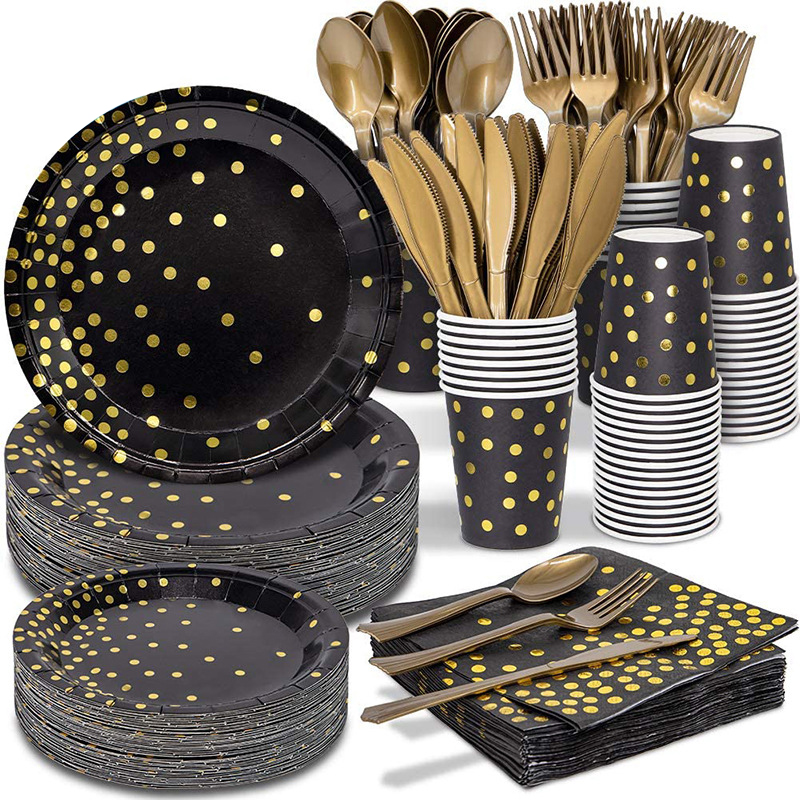 速发Black gold party disposable tableware set party decorati - 图0