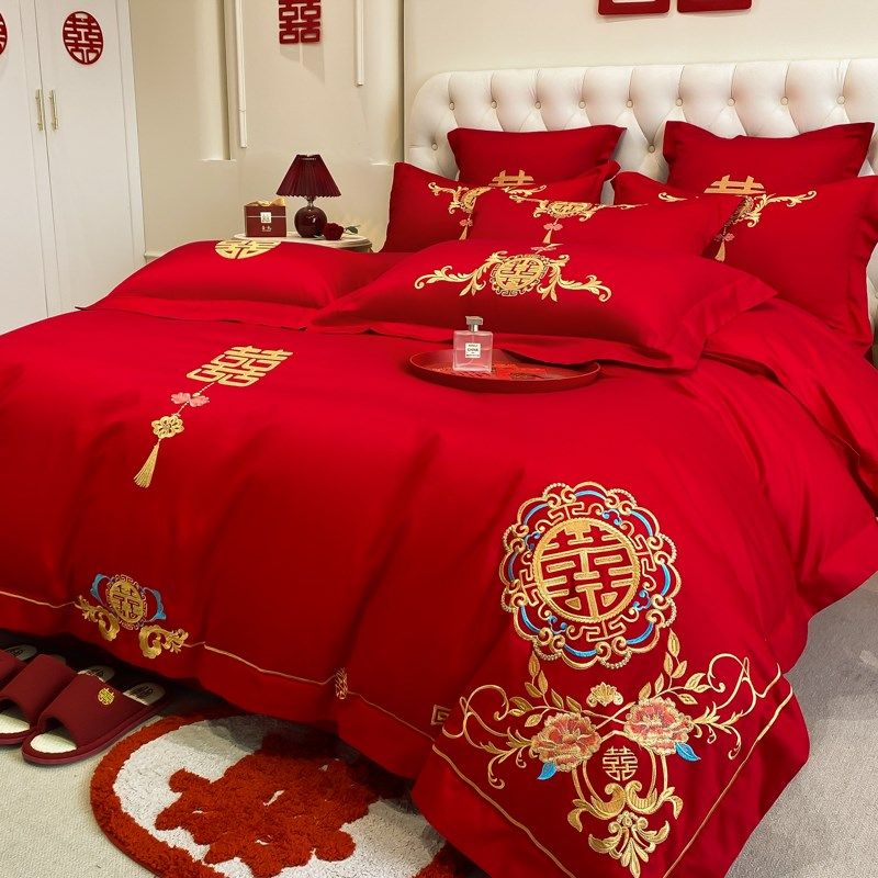 龙凤刺绣婚庆四件套大红色全棉新婚床单被罩结婚床上用品,淘宝优惠券,粉丝福利购,淘宝优惠卷