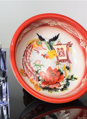 老物件怀旧搪瓷脸盆花卉喜字图案旧搪瓷脸K盘收藏道具装饰摆设洗