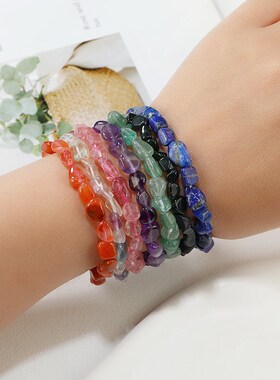 天然水晶原石手链绿草莓晶粉紫水晶单圈碎石不规则手串女简约配饰