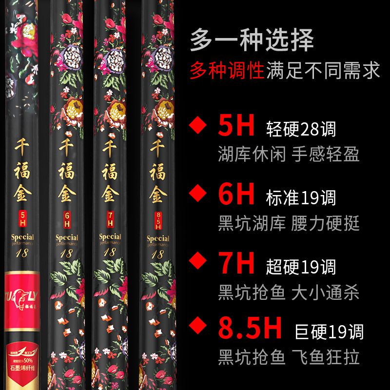 网红千福金鱼竿5H6H网供版7H8.5H19调28调台钓竿石墨烯钓杆包邮 - 图1