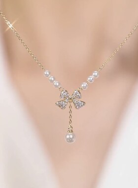 工厂销小众设计珍珠项链女蝴蝶结高级锁骨链毛衣链颈链2X023新款