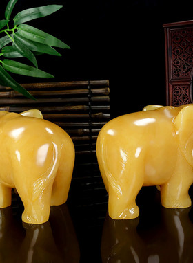 天然黄玉大象摆件一对家居办公室客厅玄关装饰动物桌面摆放吸水象