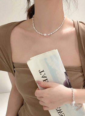 轻奢小众碎银子珍珠项链女高级感爆款百搭脖颈链设计感锁骨链夏季