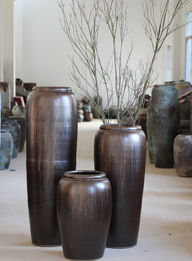 高温流金岁月瓷土陶罐落地家居装饰花瓶花器三件套陶粗陶摆件