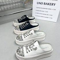 Star Mesh Red Genuine Leather Baotou Water M Drill Half Slippers Women 2023 New Breathable Inner Heightening Thick Bottom Sloth Slippers 