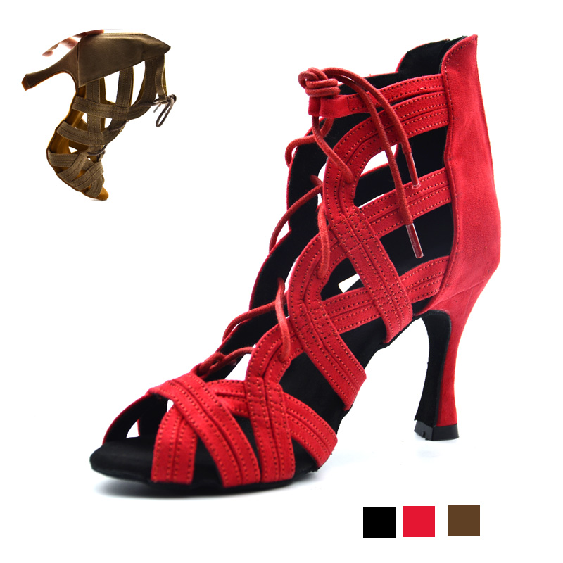 极速New Woman High Top Latin Dance Shoes Black Red Soft Sole - 图0
