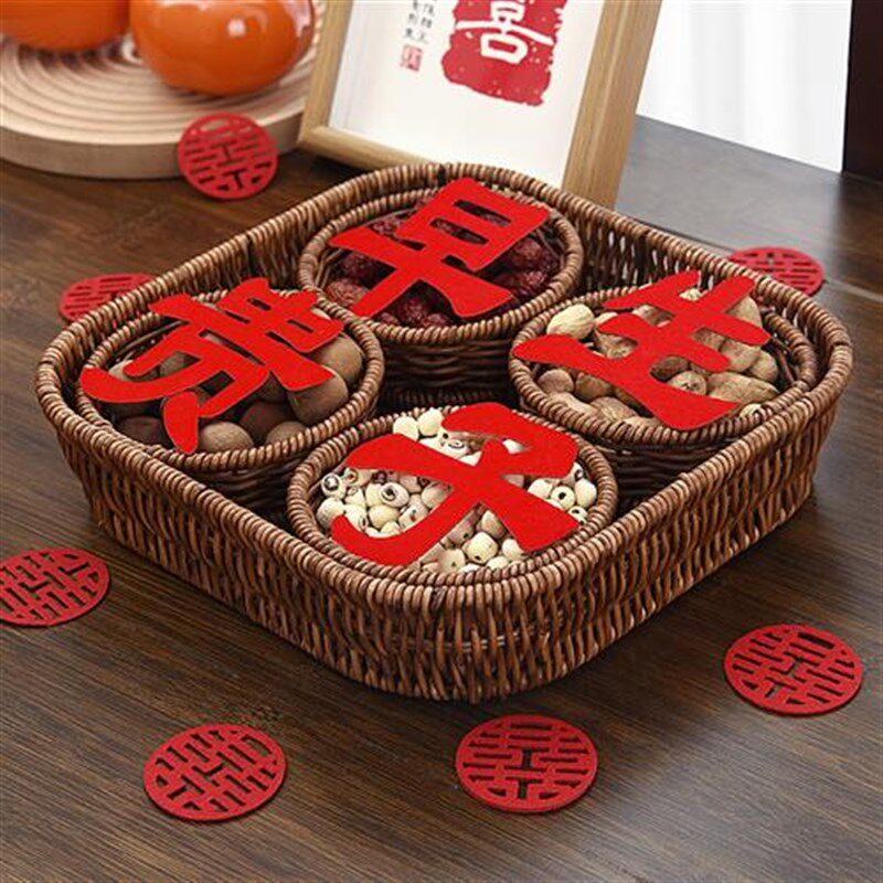 编织早生贵子篮i子结婚压床摆件铺床模具订婚藤编筐婚礼用品干果