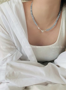 海蓝宝天然石项链小众设计气质高级感手工W串珠锁骨链女