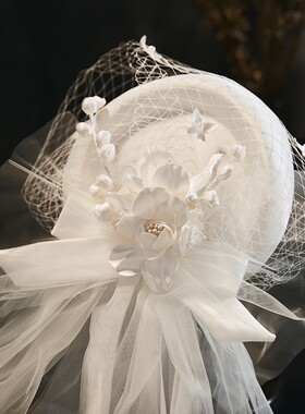 喜优仙美新娘头饰网纱缎面花苞复古带纱礼帽婚纱影U楼造型头纱配