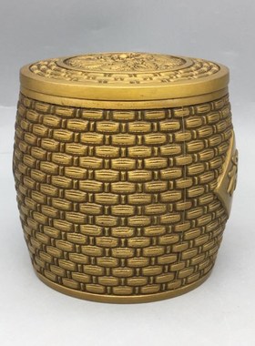 纯铜带盖仿古竹编图案福字茶叶罐聚宝盆招财桶Q家居工艺装饰品摆
