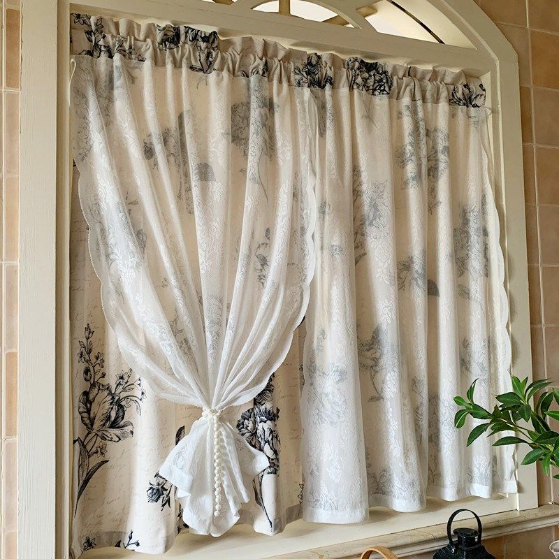 法式美式纱布一体双层窗帘遮光布魔术贴蕾丝飘窗阳台客厅书房厨房,淘宝优惠券,粉丝福利购,淘宝优惠卷