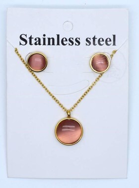 小众高货~Simple fashion alloy round gem Earring Necklace Set