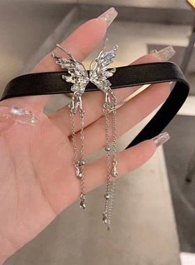 流苏蝴蝶结颈链chomker黑色项圈女高级感项链2023新款爆款辣妹配