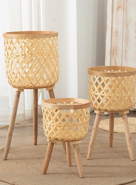 客厅简约落地式花盆架阳台可移动竹藤编花篮绿植置物架手工编织篮