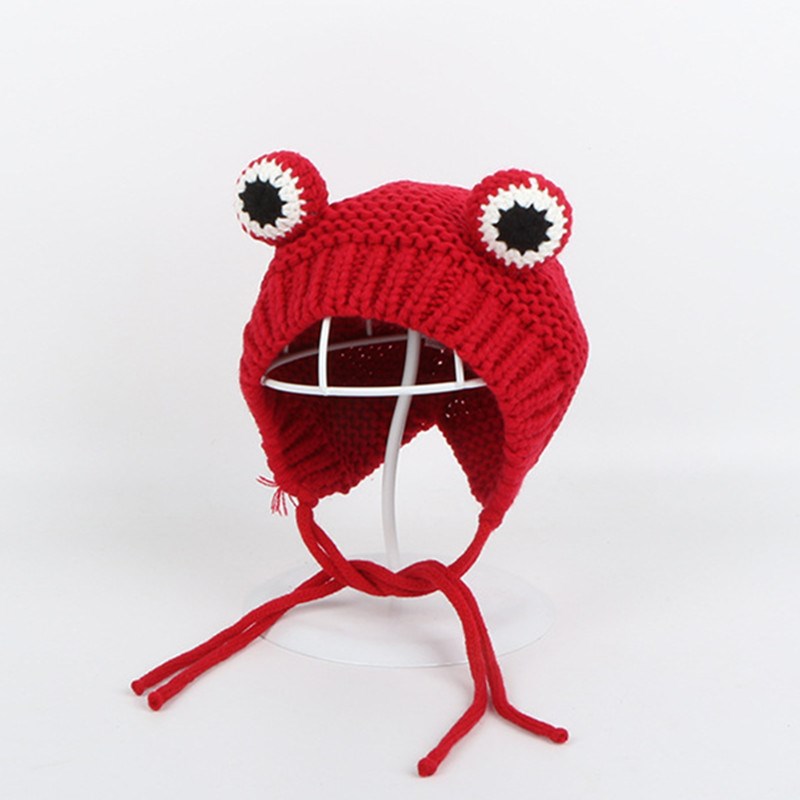 Solid color Cartoon frog knitted hat winter warm hat Skullie - 图2