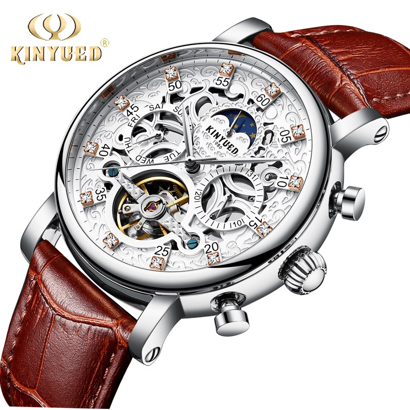 KINYUED Skeleton Automatic Watch Men Sun Moon Phase Waterpr - 图0