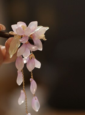 紫色花朵流苏发簪古风高级感配旗袍汉服木质簪子盘发步摇新中式女
