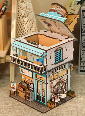 海角咖啡馆拼装感应收纳屋手工DIY迷你街景同趣3D模.型装饰摆饰