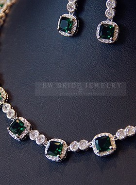 气质绿色晚礼服项链耳环套装w送人礼品微镶全锆石婚礼宴会活动配