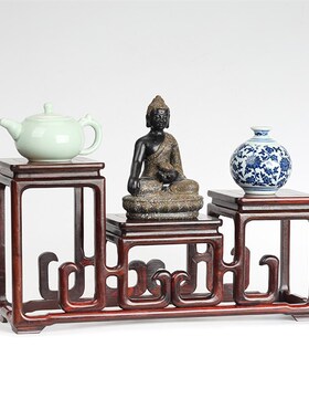 大红酸枝博古架明式花瓶盆景架高低实木雕工艺品展示架底座多宝阁