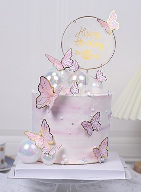 烫金金边仿真纸质蝴蝶蛋糕装饰创意粉色插件插牌女神女孩生日