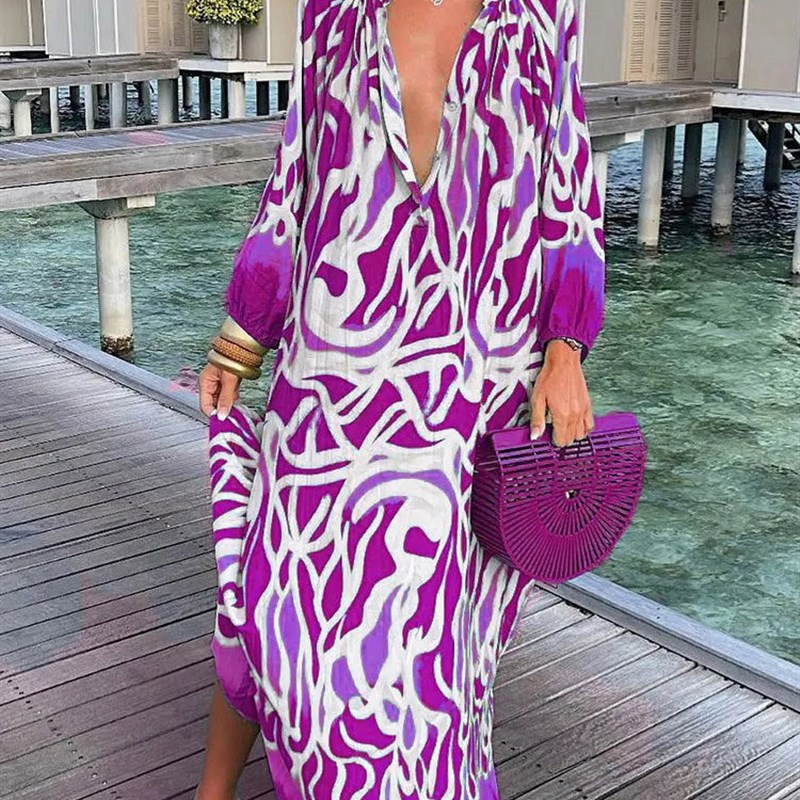 Women Vintage Maxi Dresses Summer Sexy Deep V-Neck Long - 图1