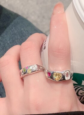 不规则锆石彩钻戒指女小众设计高级感欧泊开口素圈对戒食指环尾戒