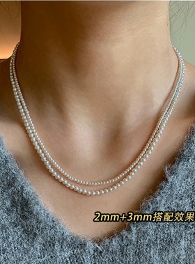2mm极细珍珠项链正圆强光复古项链饰品女J高级感轻奢ins百搭锁骨