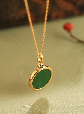 现货平安喜乐天然翡翠平安扣无事牌吊坠I女纯银国风金镶玉圆牌项