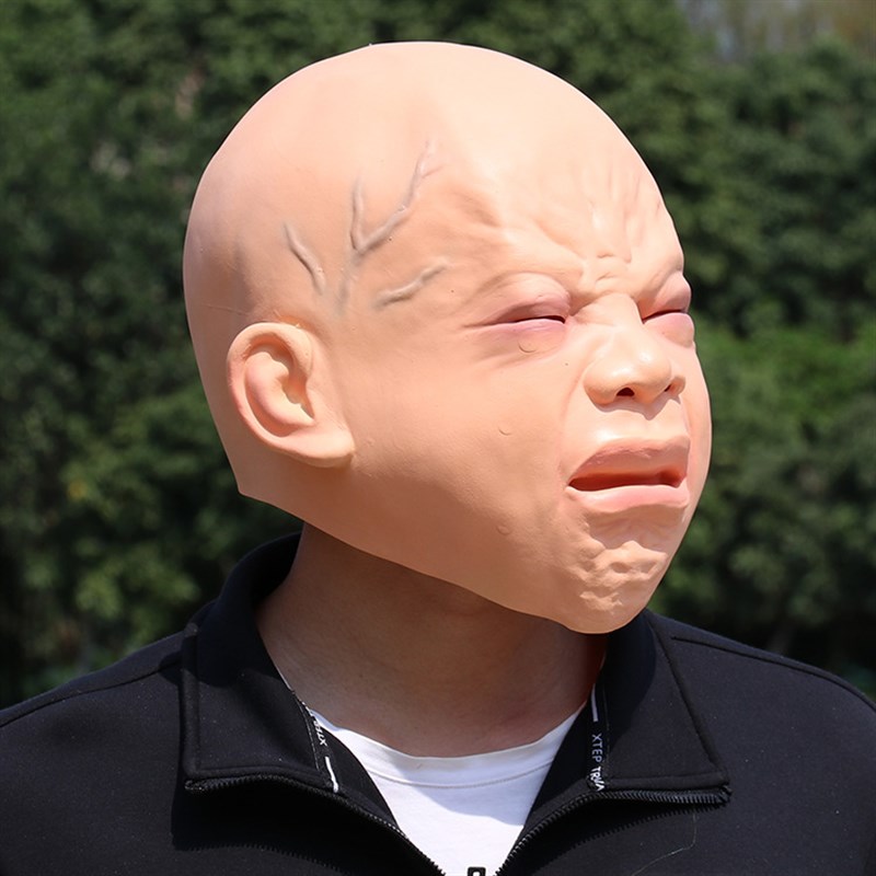 搞怪哭脸小孩面具万圣节乳胶哭泣婴儿头套cosplaVy派对装扮道具