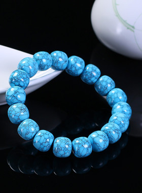 天然原矿绿松石手链高瓷蓝色网花铁线老形桶珠单圈圆珠手串配珠