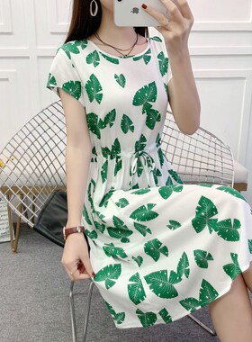 时尚碎花棉绸连衣裙2023夏季新款中长款有口袋系带人造棉裙子女潮