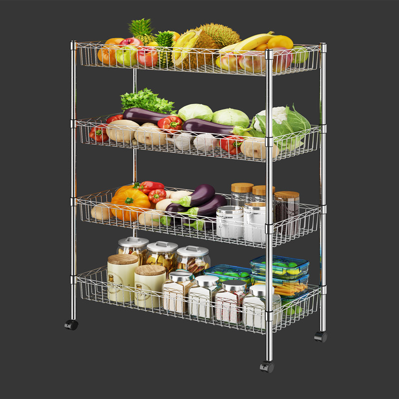 厨房置物架4层不锈钢色储物架果蔬菜篮子收纳筐架子落地多层锅架-图0
