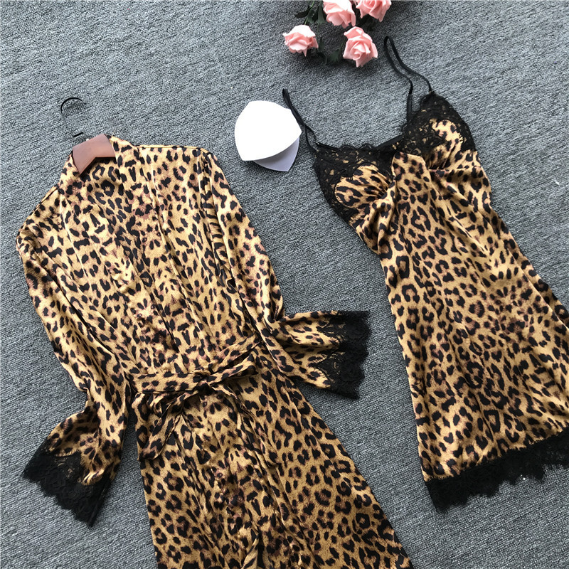 Leopard Satin Pajama Womenw Casual Elegant Pajama Femme Silk - 图1