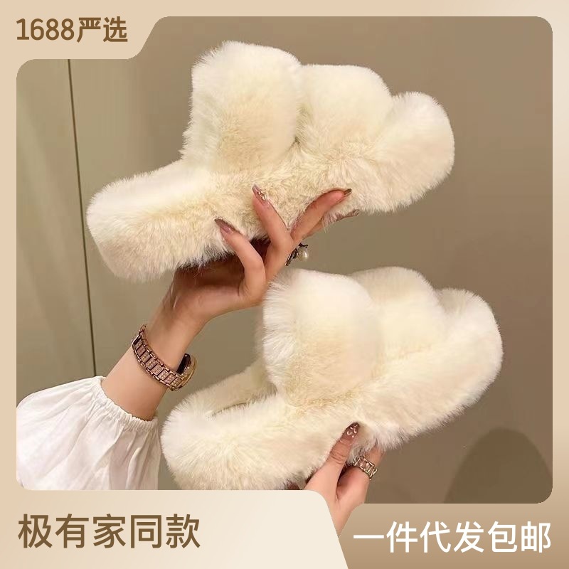 新品Winter Open Toe Slippers Fashion Fur Thick Sole Flats Sl-图0