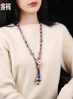 毛衣链吊坠挂件配饰2022年新款女紫水晶长项链复古民W族风装饰秋