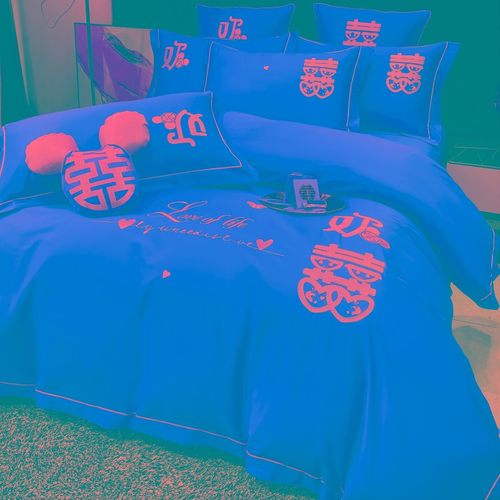 全棉100支长绒棉婚庆四件套纯棉结婚喜被子大红色新婚礼床上用品 - 图0