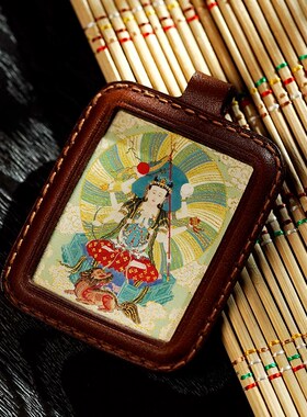 现货唐卡皮壳画盒纯手工制作牛皮唐E卡人工彩绘上色绿度母财神扎