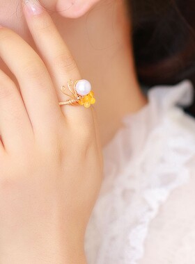 陌上芊 复古珍珠手工编织指环 开口戒指女个性时髦食指戒