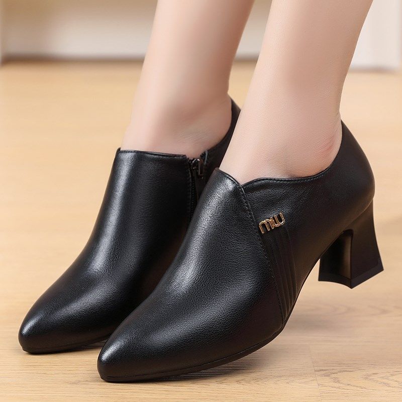 真皮粗跟单鞋2024春秋百搭尖头女鞋中跟软底皮鞋卡其色深口工作鞋,淘宝优惠券,粉丝福利购,淘宝优惠卷
