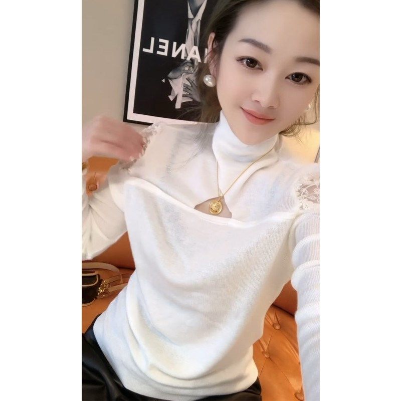 秋冬款胸前镂空针织衫长袖女露肩蕾丝拼接内搭毛衣高领打底衫上衣,淘宝优惠券,粉丝福利购,淘宝优惠卷