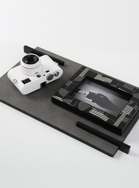 简约现代灰色皮革木质托盘摆件软装饰品I样板房客厅茶几电视柜收