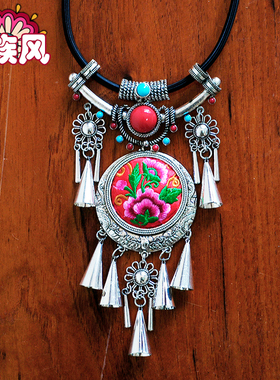 民族风项链 秋冬女挂件衣服配饰苗银刺绣吊坠长款流苏挂链 毛衣链