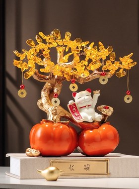 新中式事事如意柿子摆件招财进宝猫发财树客厅酒柜装饰品乔迁礼物